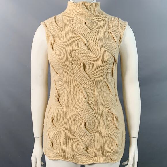 TSE Size L Beige Cashmere Cable Knit Sleeveless Mock Neck Sweater - Picture 1 of 6